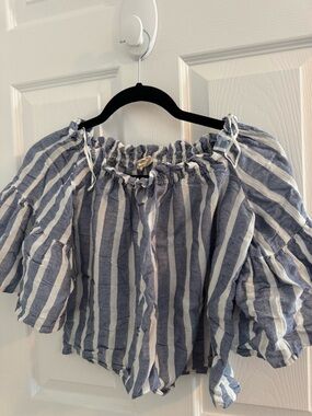 Striped Off-Shoulder Flutter Sleeve Top - Blue & White